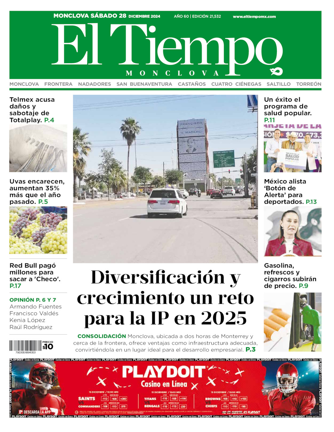 Edición impresa: Portada del sábado 28 de diciembre de 2024, El Tiempo de <strong>Monclova</strong>