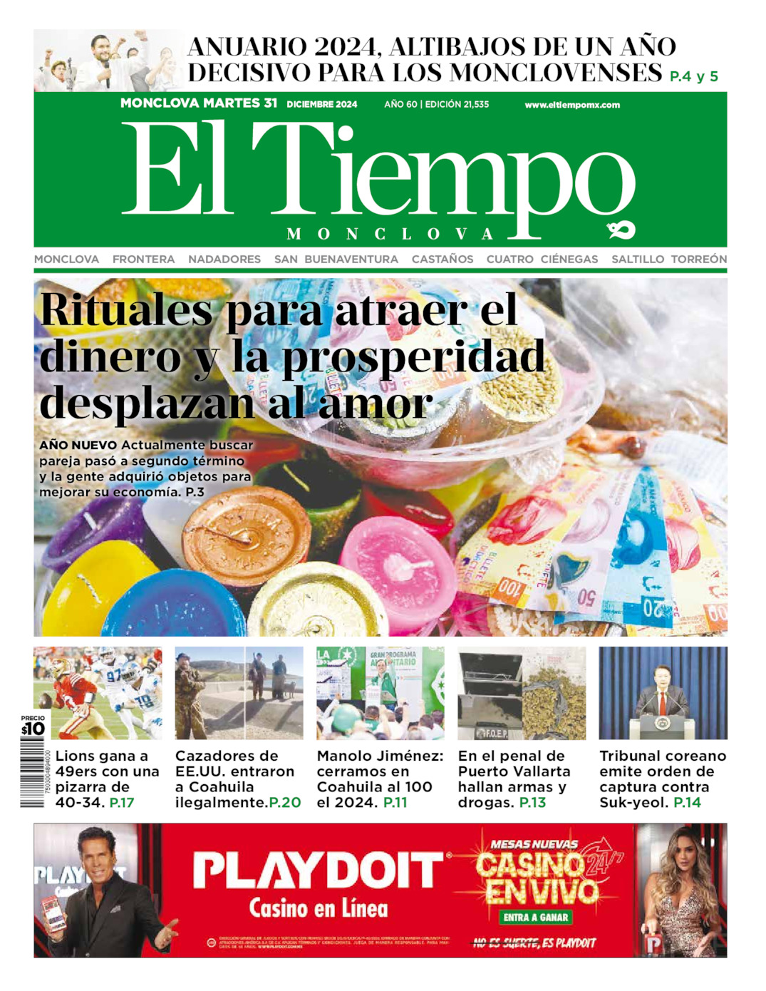 Edición impresa: Portada del martes 31 de diciembre de 2024, El Tiempo de <strong>Monclova</strong>