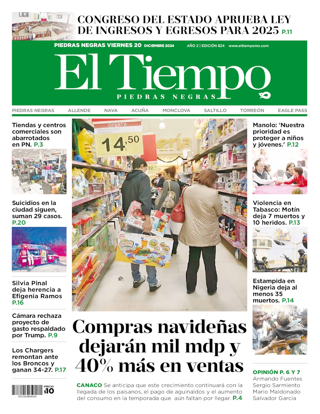 Edición impresa: Portada del viernes 20 de diciembre de 2024, El Tiempo de <strong>Piedras Negras</strong>