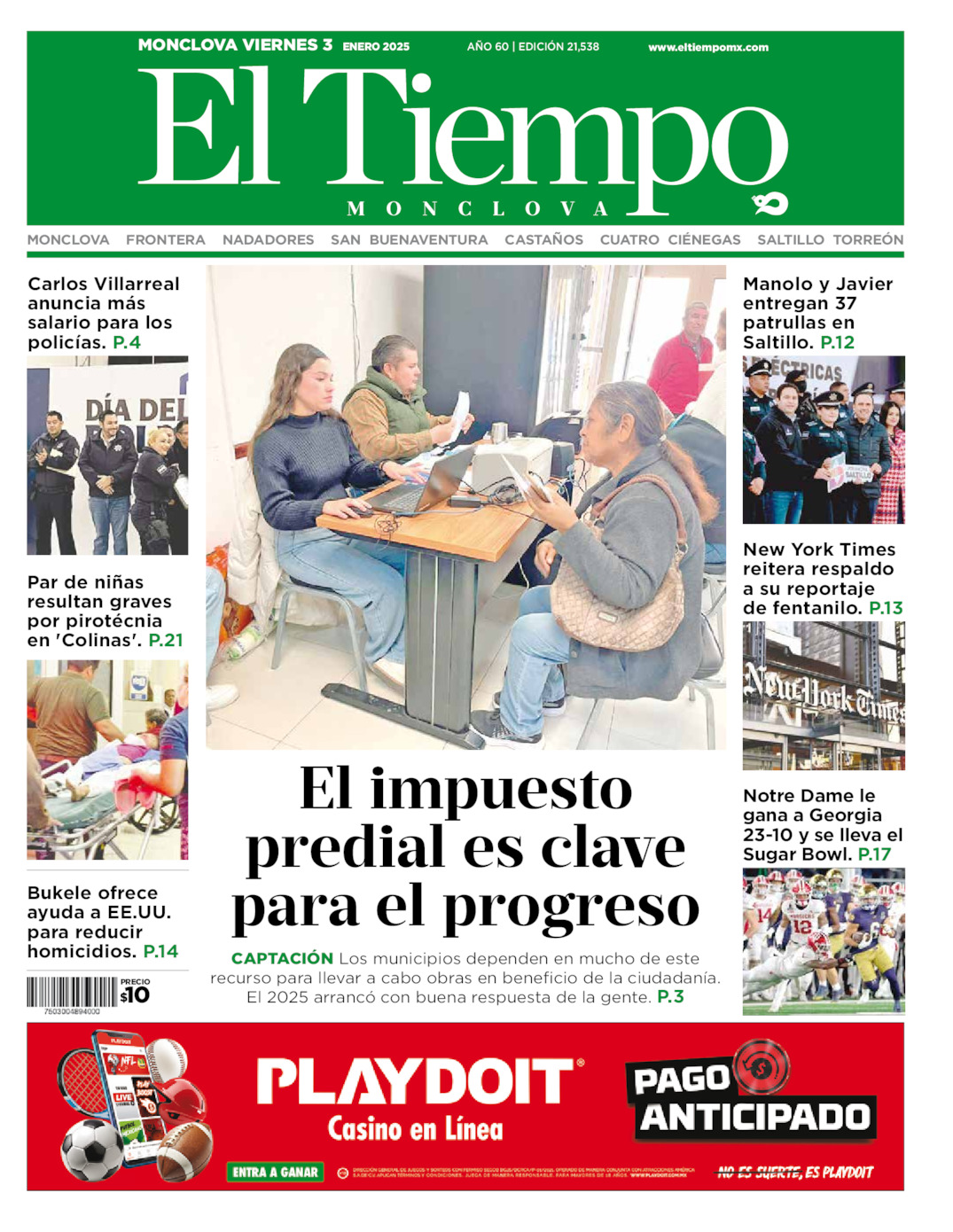 Edición impresa: Portada del viernes 03 de enero de 2025, El Tiempo de <strong>Monclova</strong>