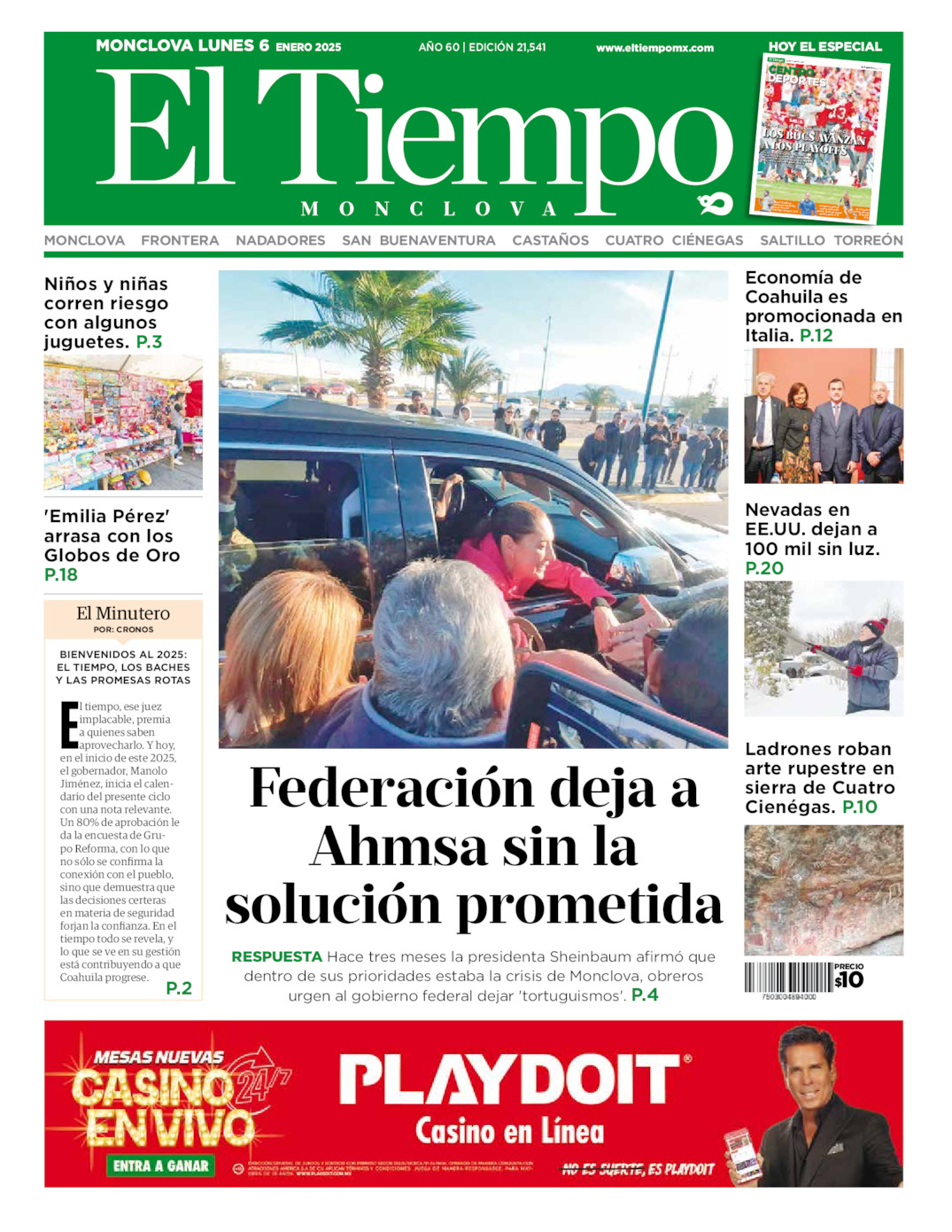 Edición impresa: Portada del lunes 06 de enero de 2025, El Tiempo de <strong>Monclova</strong>