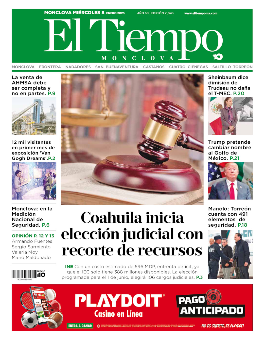 Edición impresa: Portada del miércoles 08 de enero de 2025, El Tiempo de <strong>Monclova</strong>