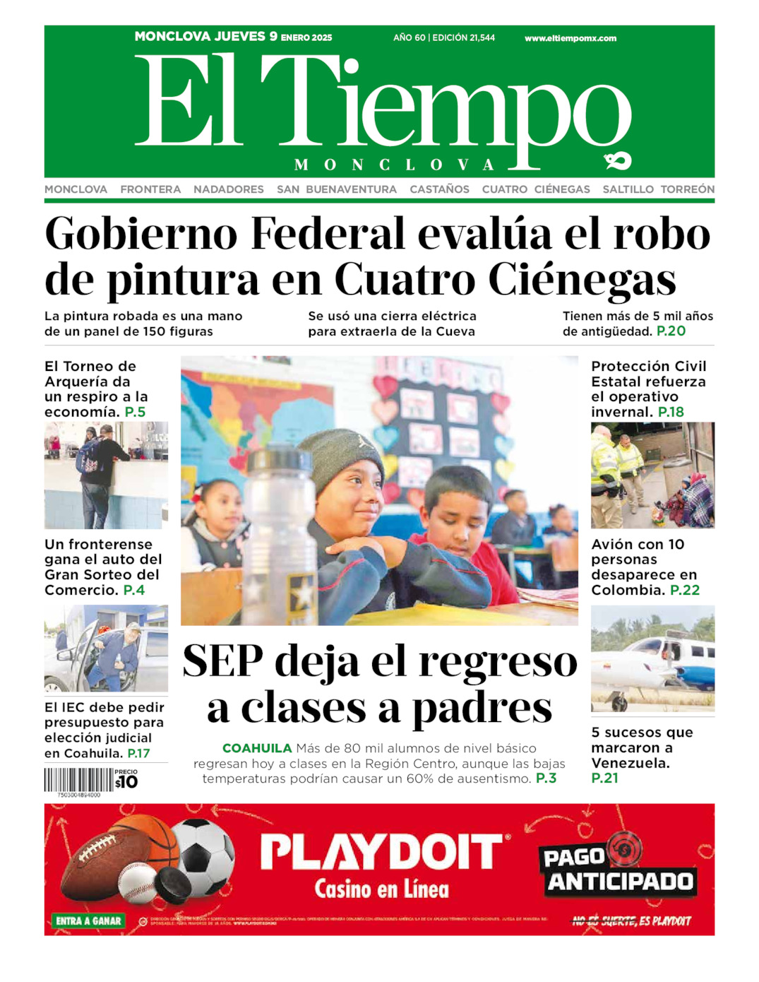 Edición impresa: Portada del jueves 09 de enero de 2025, El Tiempo de <strong>Monclova</strong>