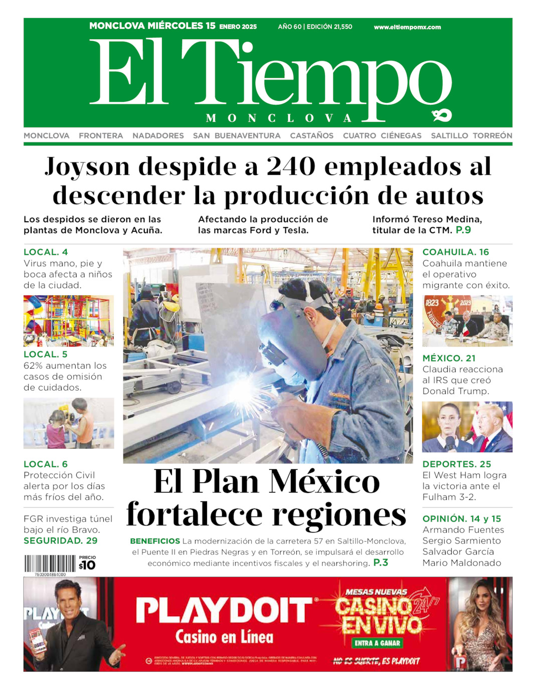 Edición impresa: Portada del miércoles 15 de enero de 2025, El Tiempo de <strong>Monclova</strong>