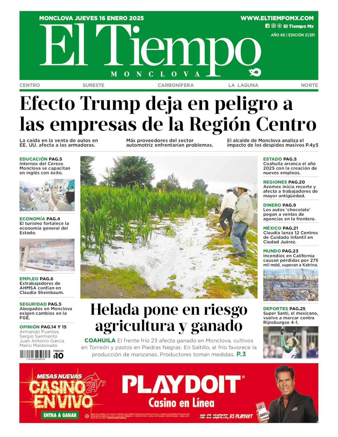 Edición impresa: Portada del jueves 16 de enero de 2025, El Tiempo de <strong>Monclova</strong>