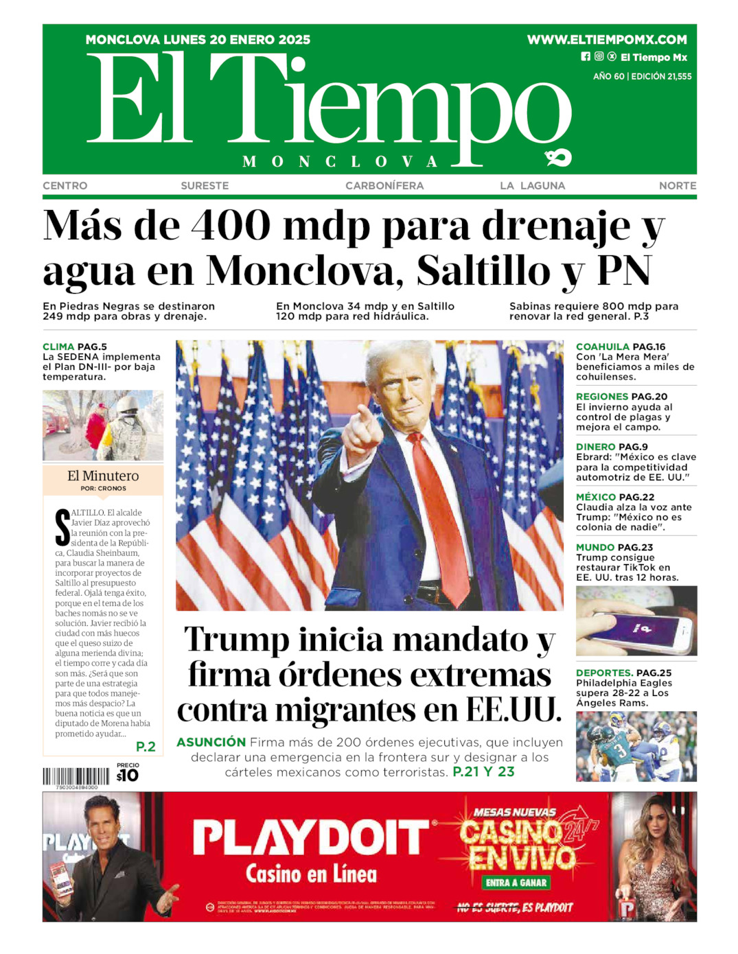 Edición impresa: Portada del lunes 20 de enero de 2025, El Tiempo de <strong>Monclova</strong>