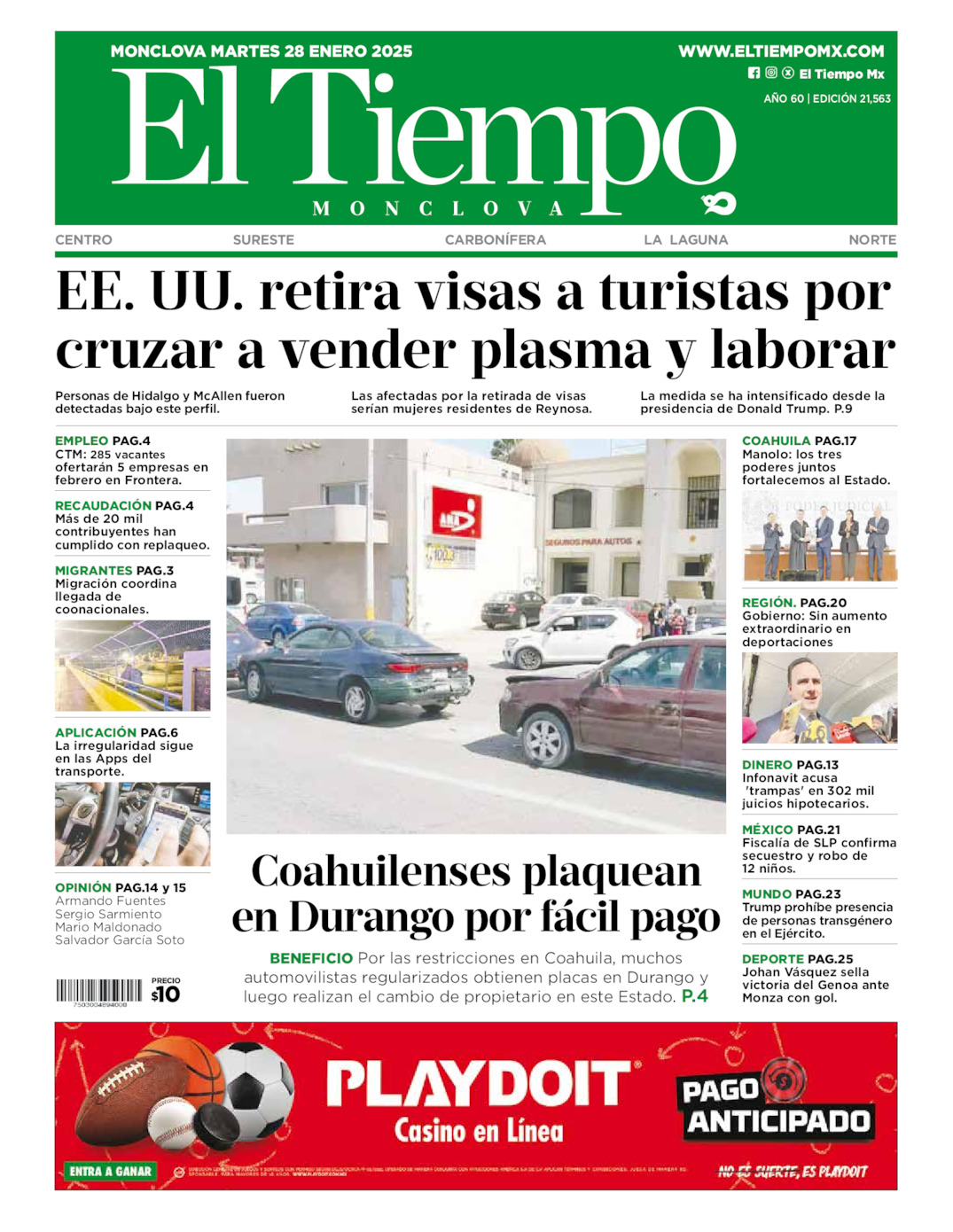 Edición impresa: Portada del martes 28 de enero de 2025, El Tiempo de <strong>Monclova</strong>