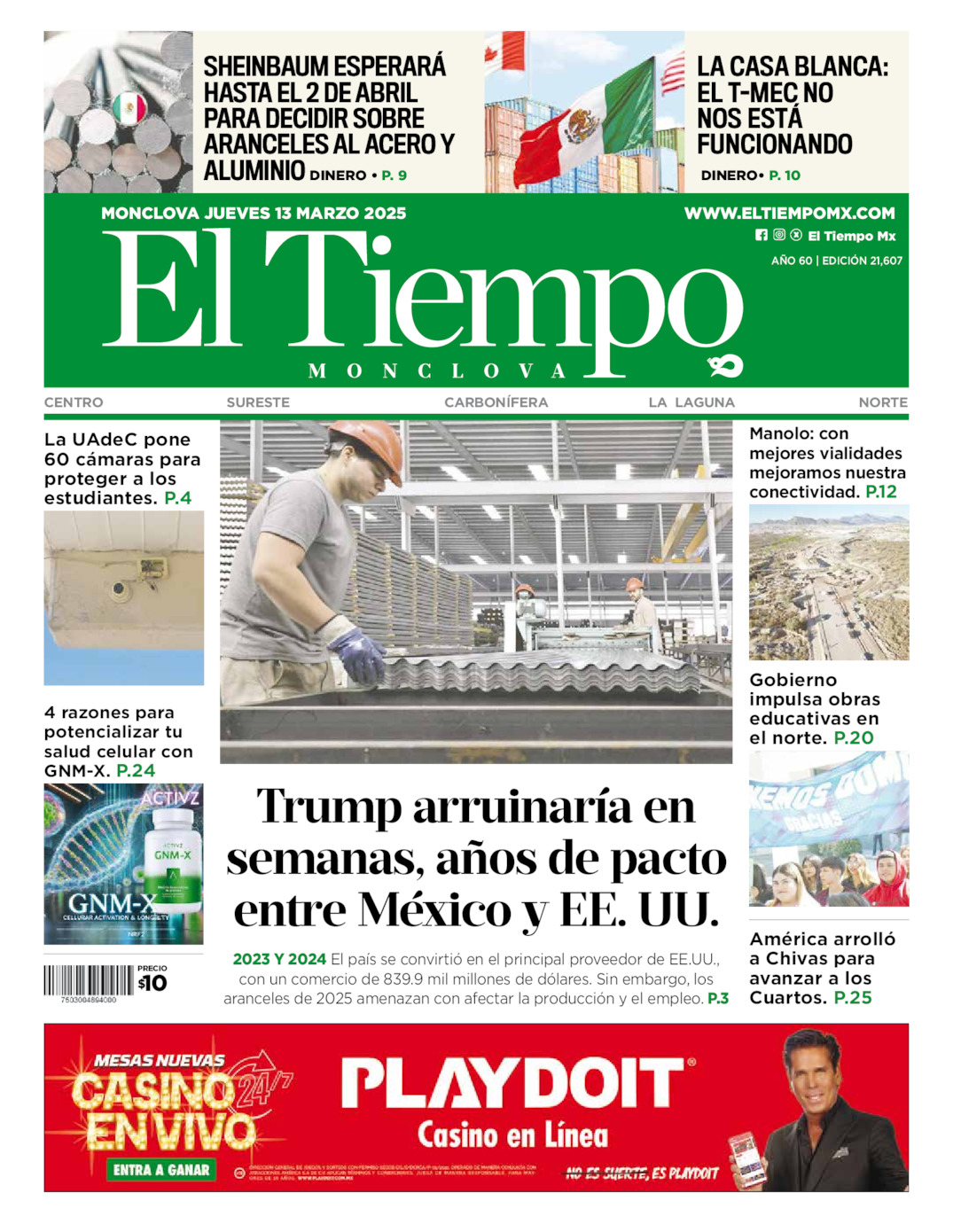 Edición impresa: Portada del jueves 13 de marzo de 2025, El Tiempo de <strong>Monclova</strong>