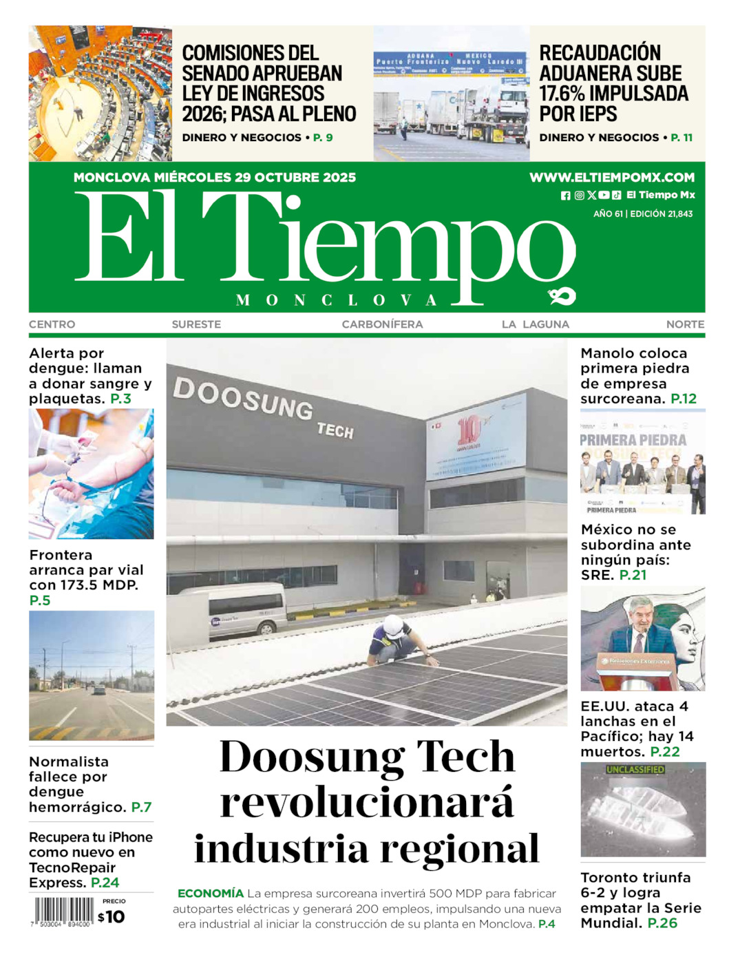 Portada del mié 29 de octubre de 2025