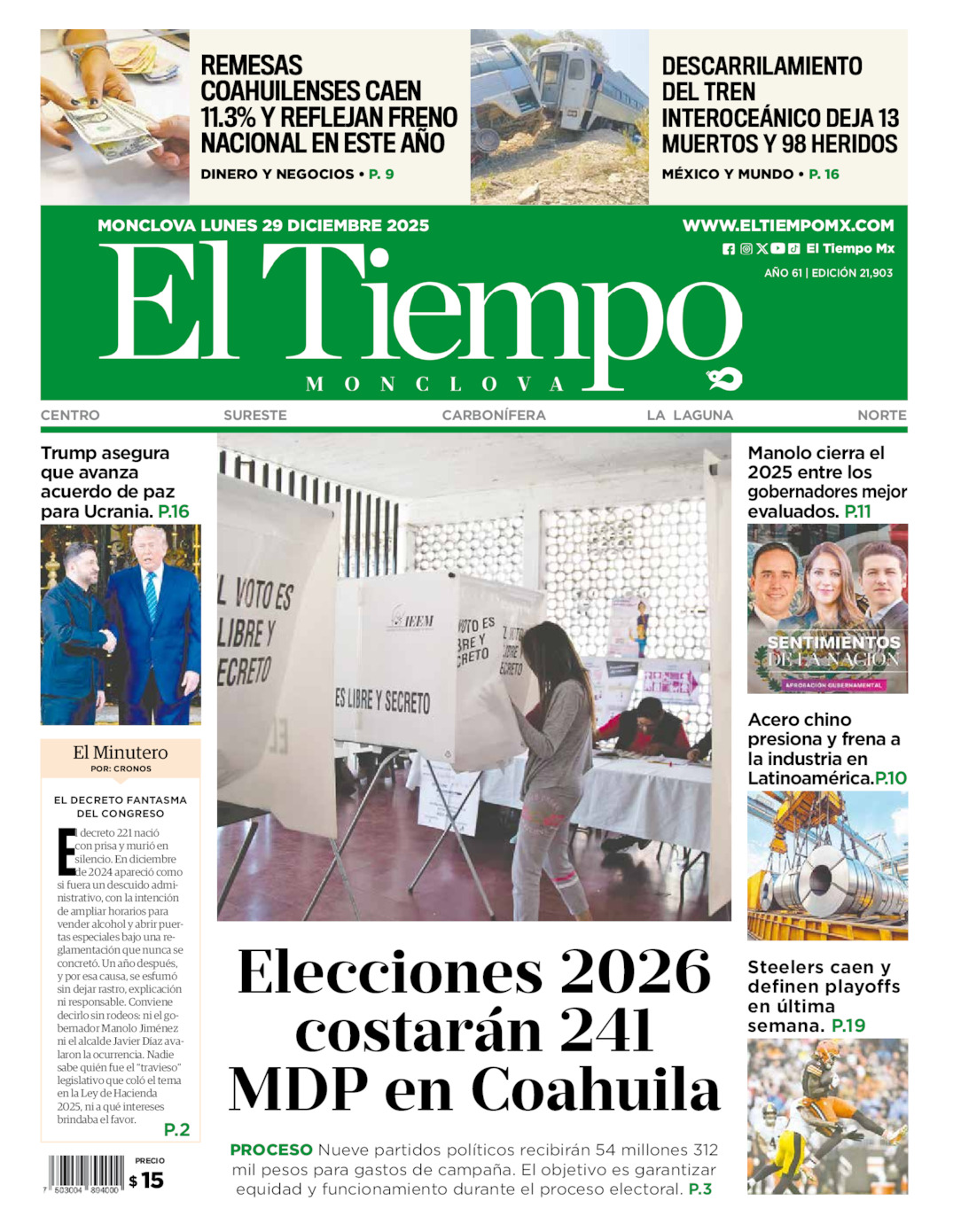 Portada del lun 29 de diciembre de 2025