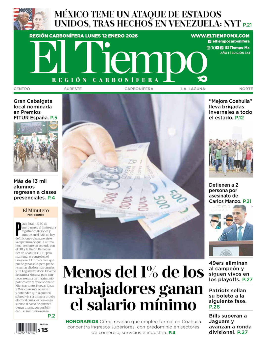 Edición impresa: Portada del lunes 12 de enero de 2026, El Tiempo región <strong>Carbonífera</strong>