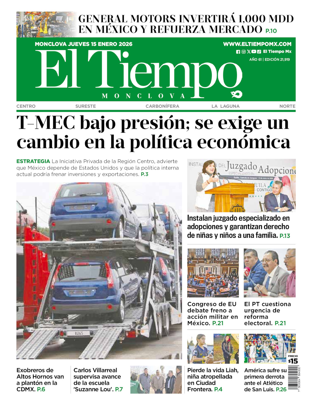 Portada del jue 15 de enero de 2026