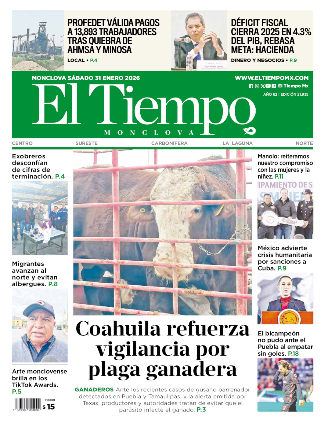 Portada del sáb 31 de enero de 2026