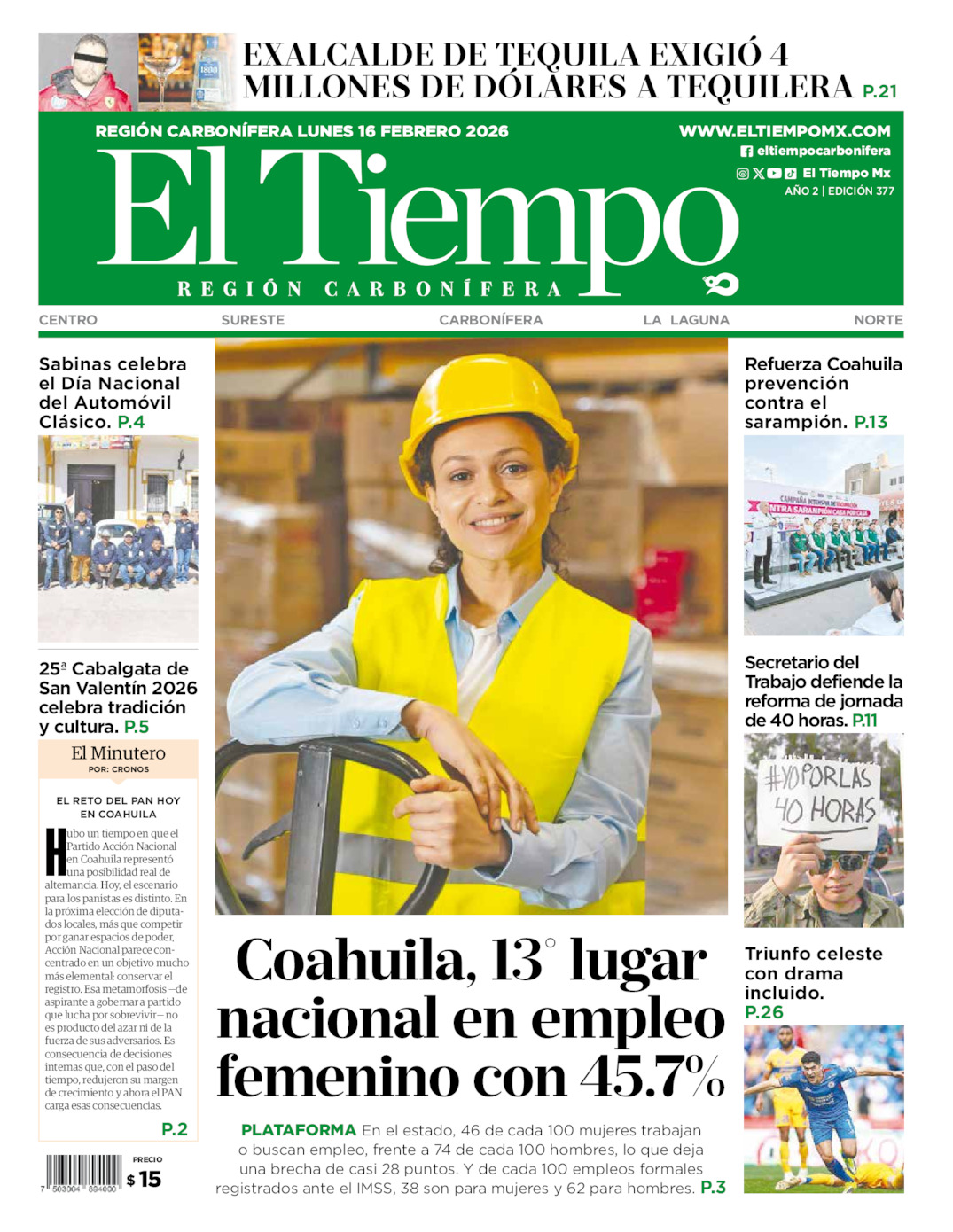 Edición impresa: Portada del lunes 16 de febrero de 2026, El Tiempo región <strong>Carbonífera</strong>