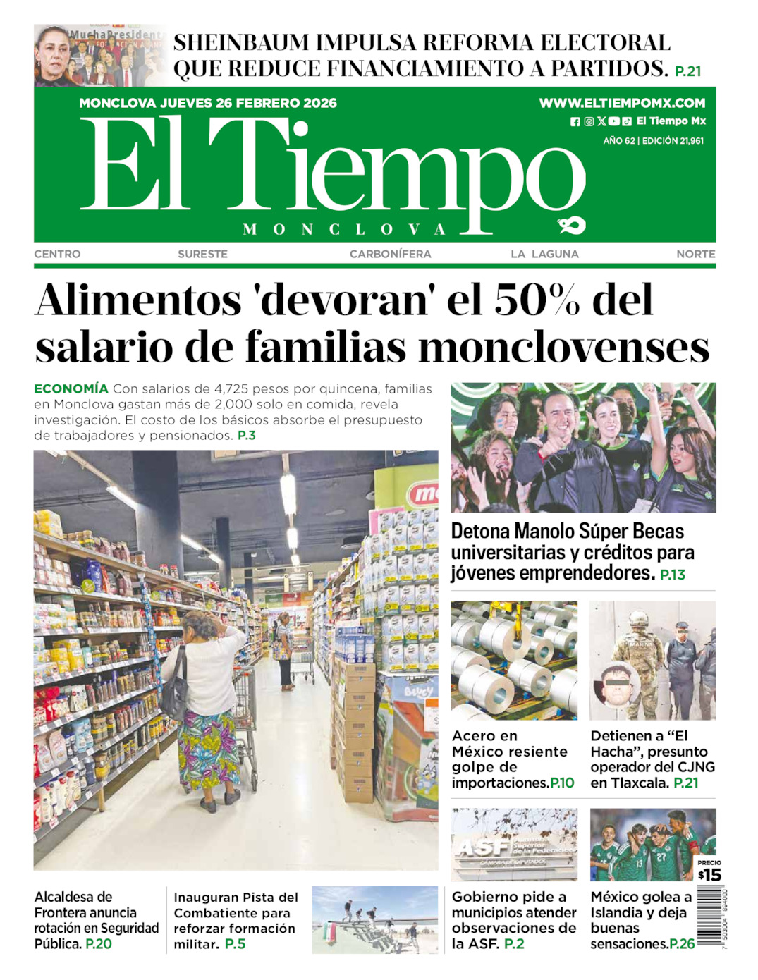 Portada del jue 26 de febrero de 2026
