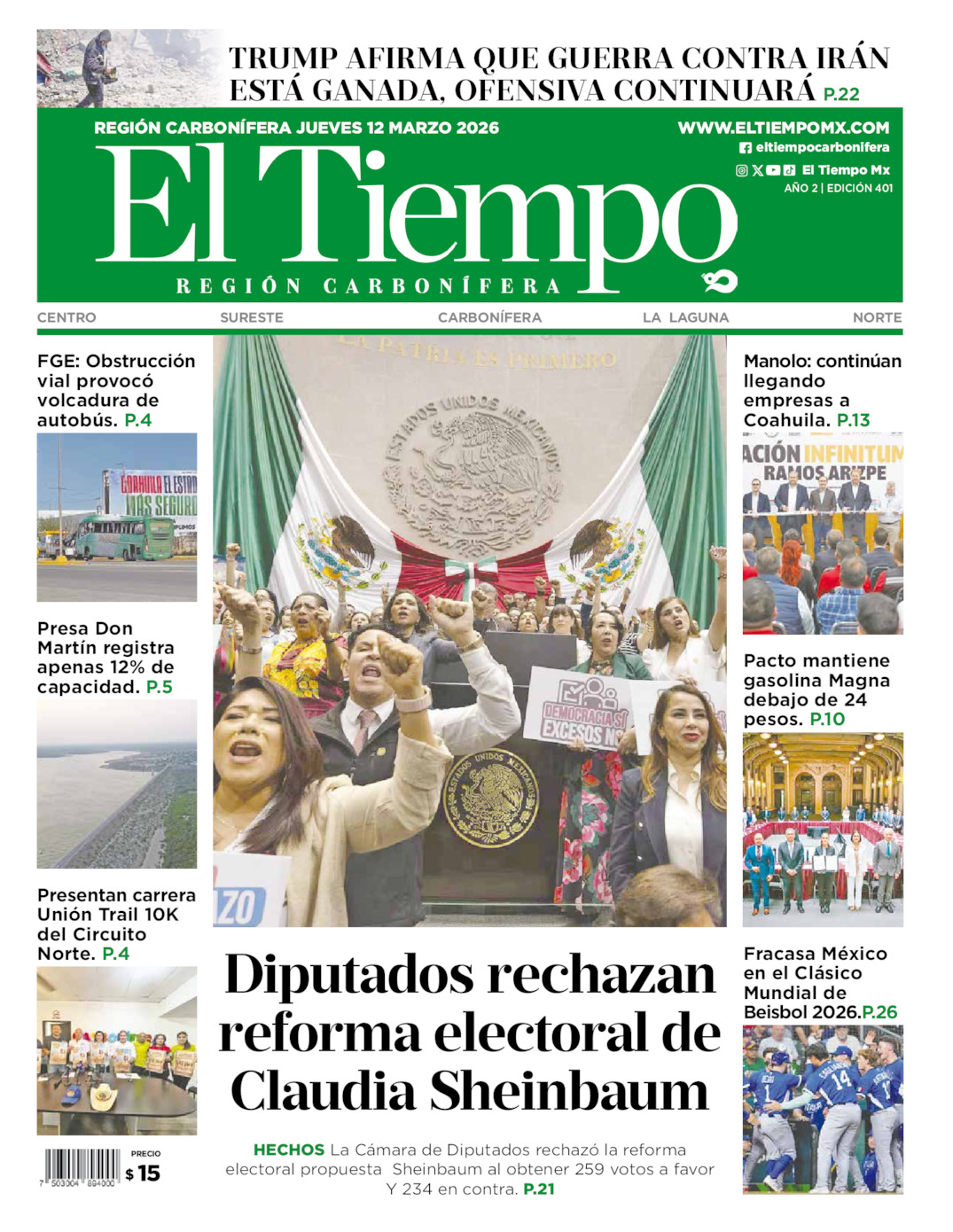 Edición impresa: Portada del jueves 12 de marzo de 2026, El Tiempo región <strong>Carbonífera</strong>