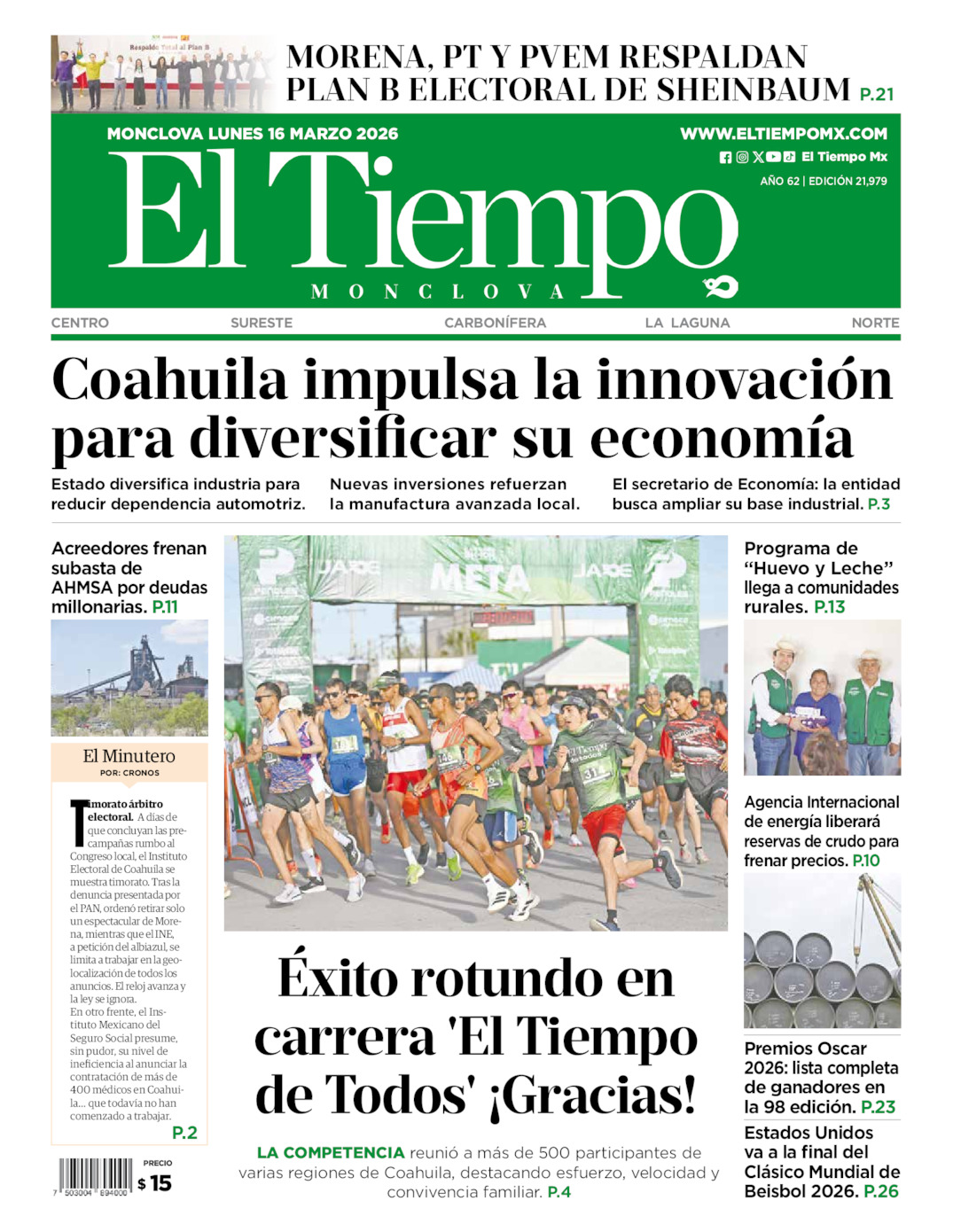 Portada del lun 16 de marzo de 2026