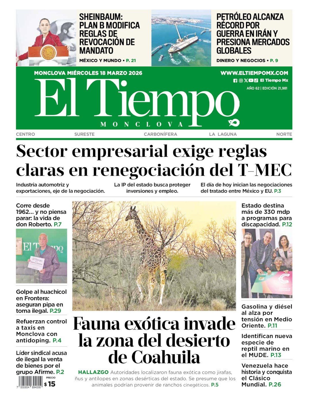Portada del mié 18 de marzo de 2026