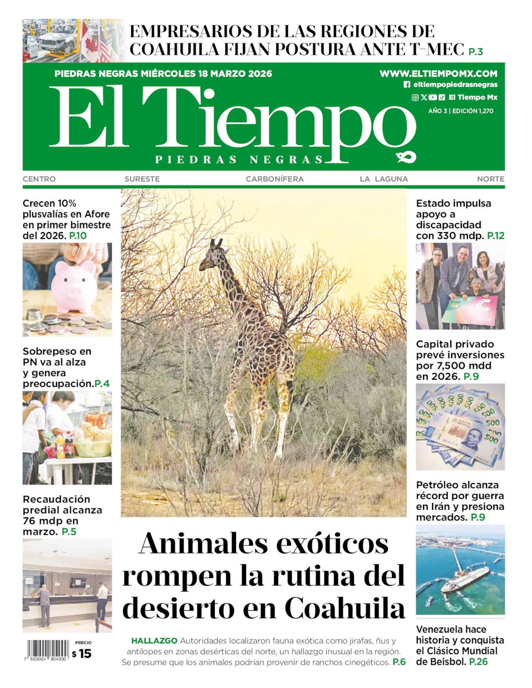 Edición impresa de El Tiempo Piedras Negras