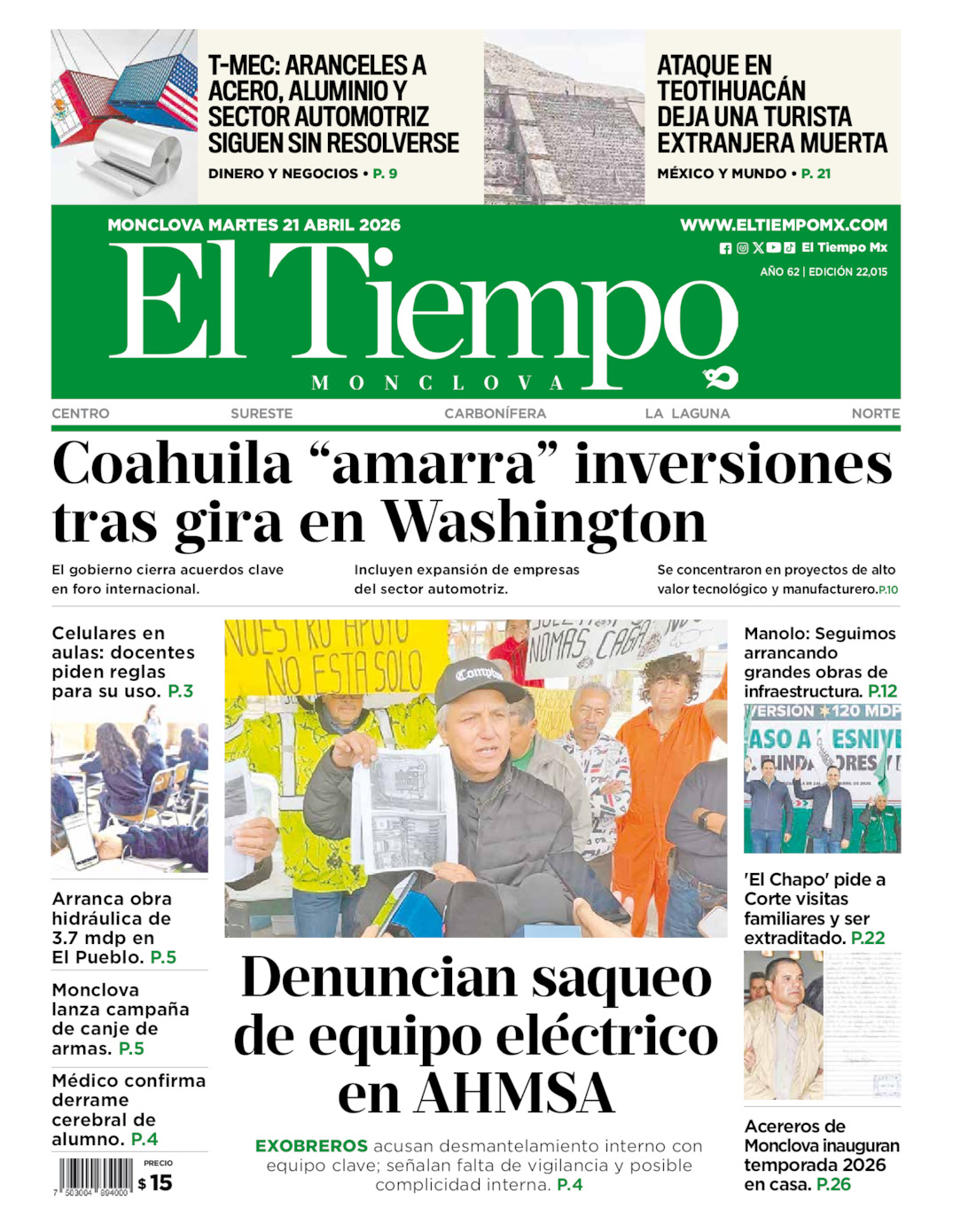 Edición impresa de El Tiempo Monclova
