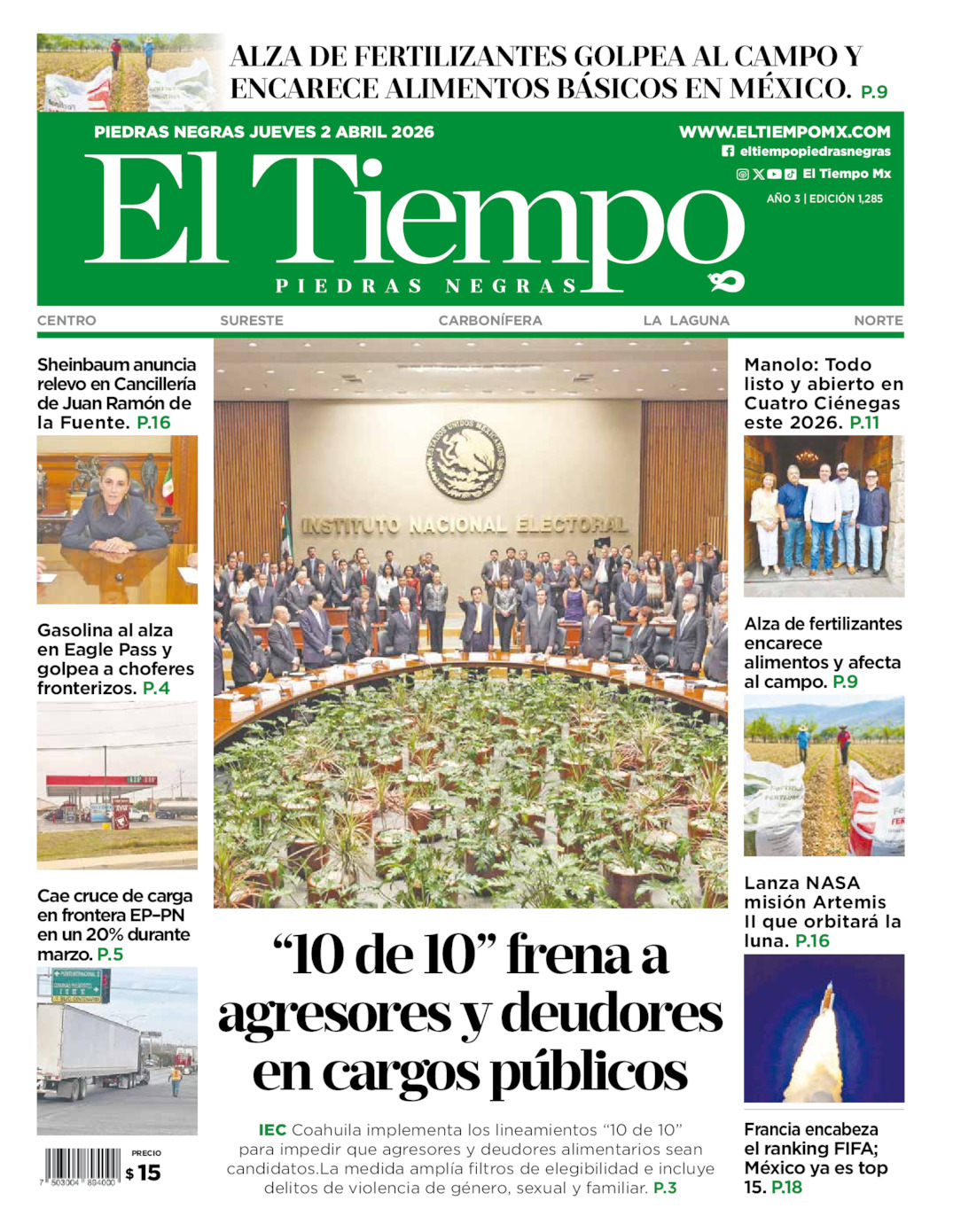 Edición impresa de El Tiempo Piedras Negras