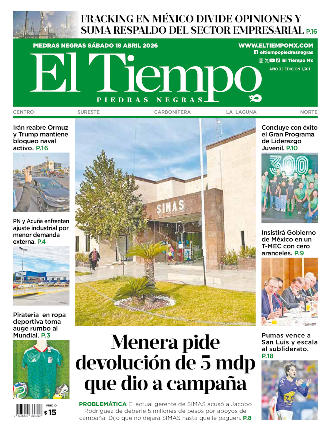 Edición impresa de El Tiempo Piedras Negras