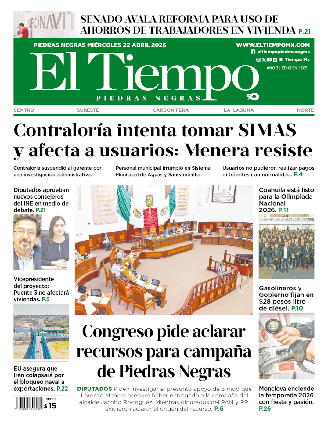 Edición impresa de El Tiempo Piedras Negras