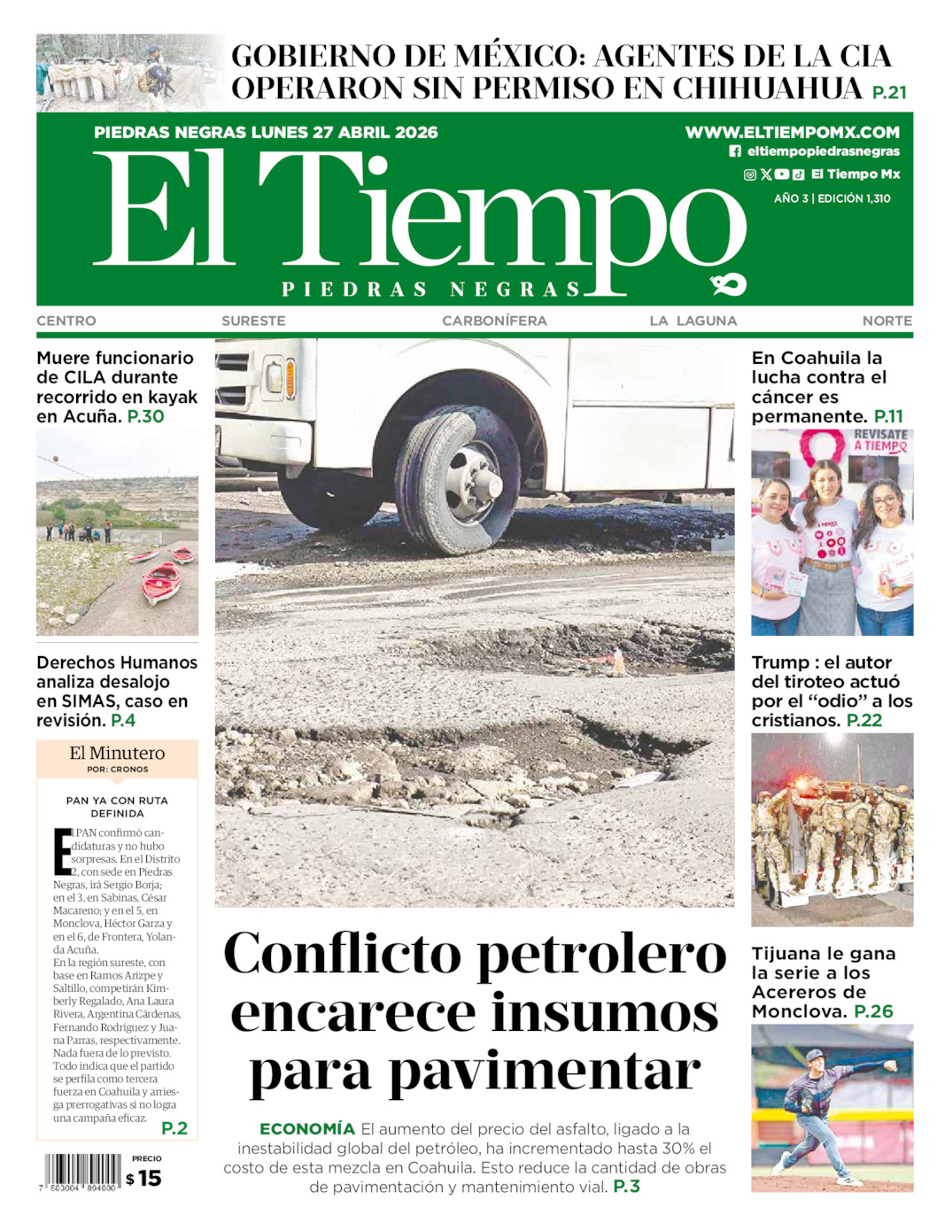 Edición impresa de El Tiempo Piedras Negras