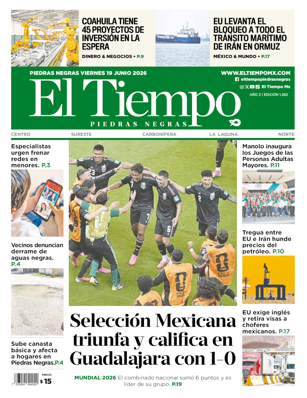 Edición impresa de El Tiempo Piedras Negras