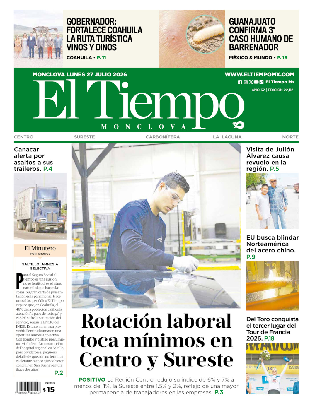 Portada del lun 27 de julio de 2026