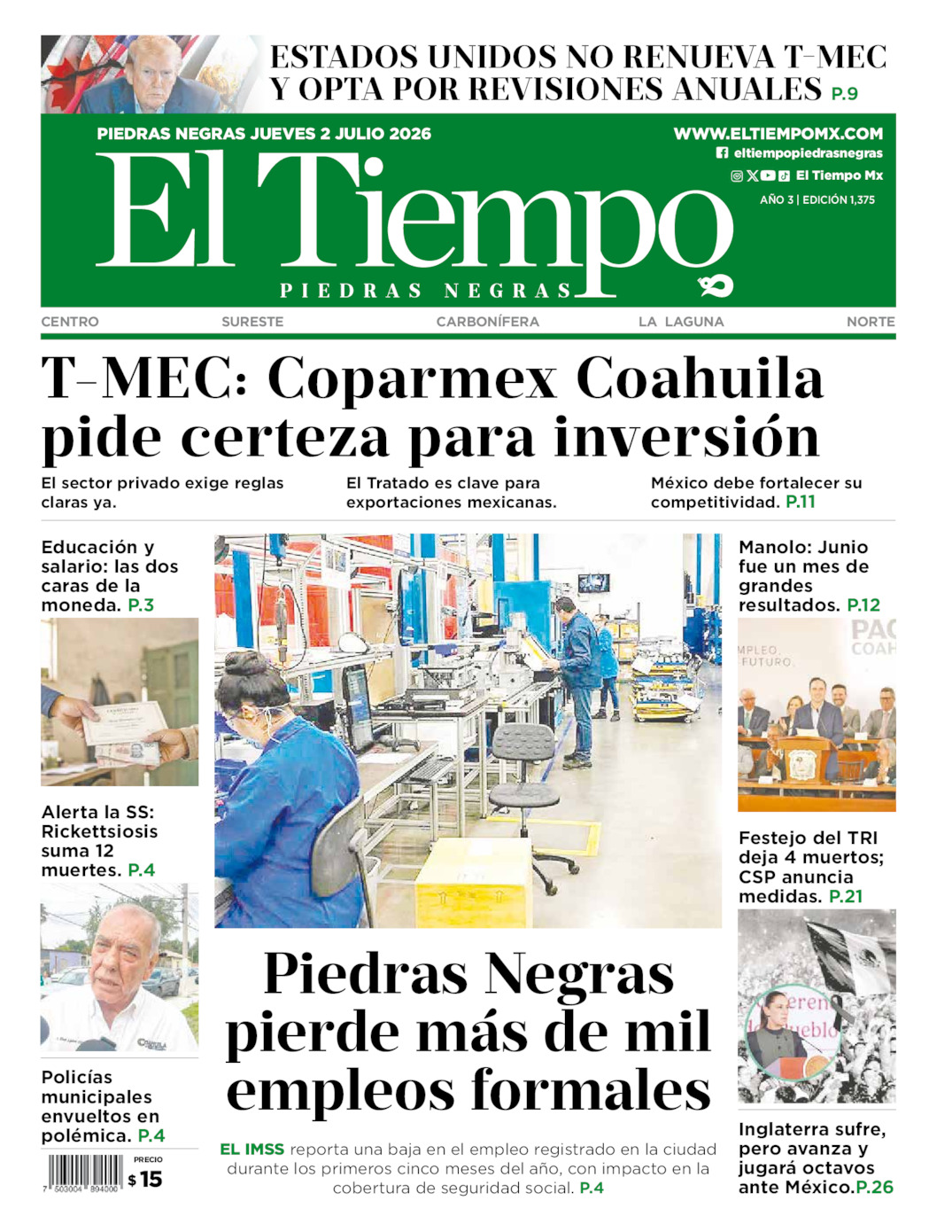 Edición impresa de El Tiempo Piedras Negras