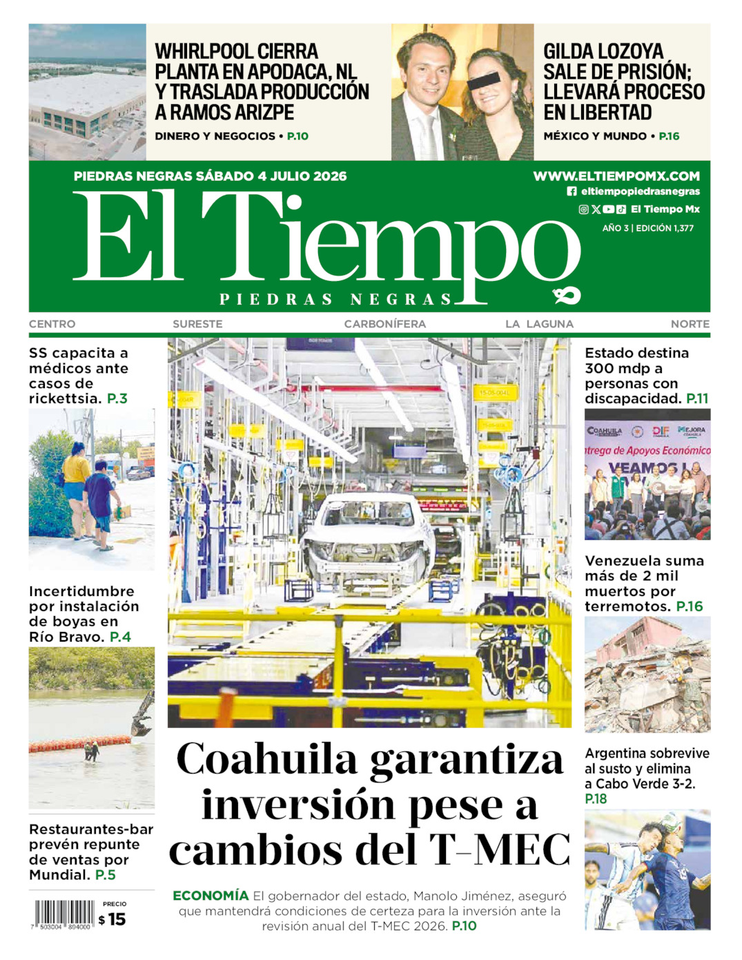 Edición impresa de El Tiempo Piedras Negras