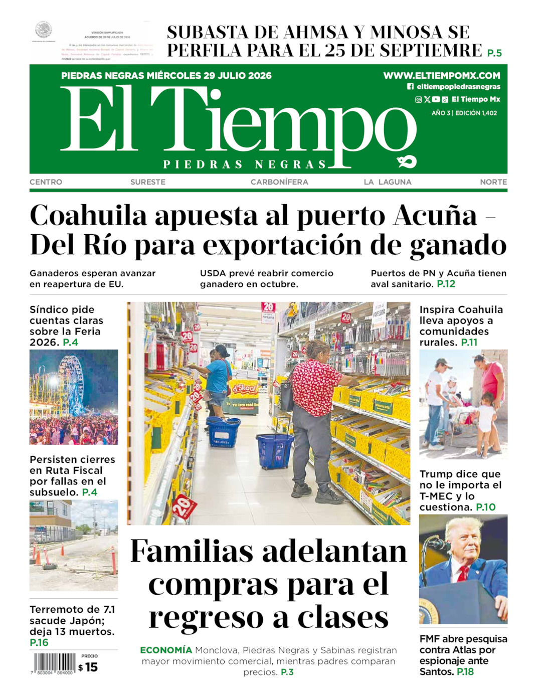 Edición impresa de El Tiempo Piedras Negras