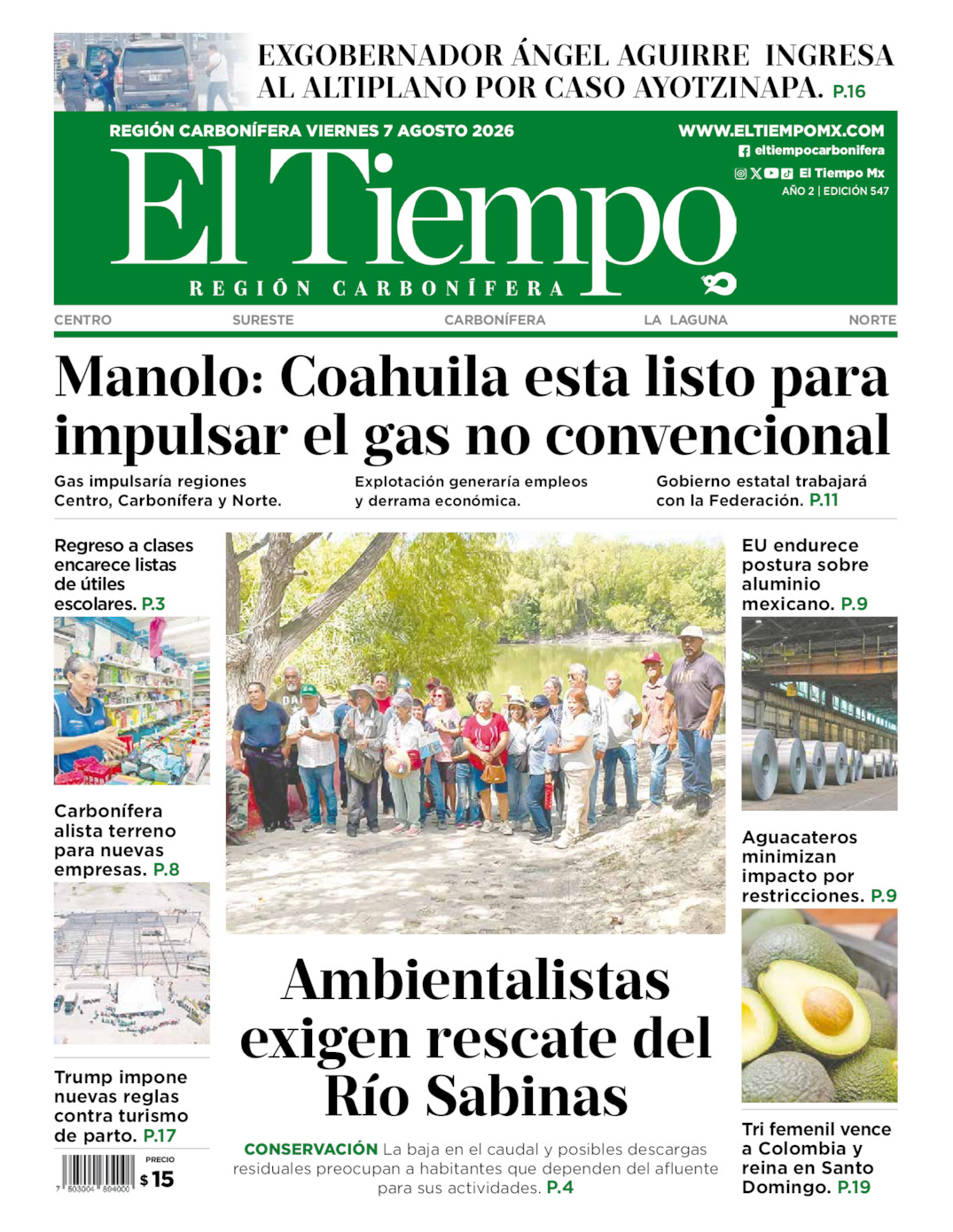 Edición impresa: Portada del viernes 07 de agosto de 2026, El Tiempo región <strong>Carbonífera</strong>