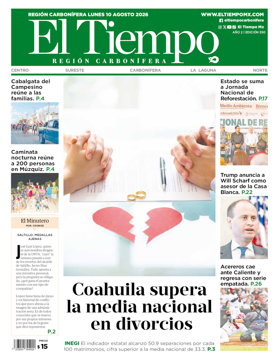 Edición impresa: Portada del lunes 10 de agosto de 2026, El Tiempo región <strong>Carbonífera</strong>