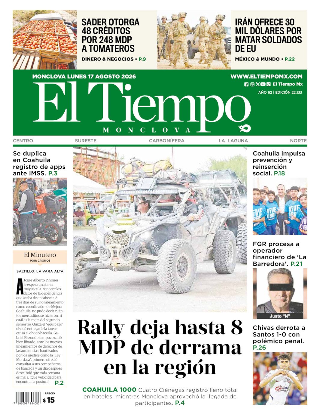 Portada del lun 17 de agosto de 2026