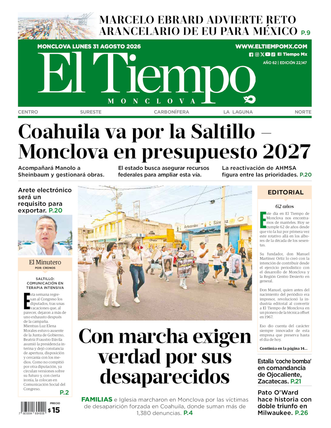 Portada del lun 31 de agosto de 2026
