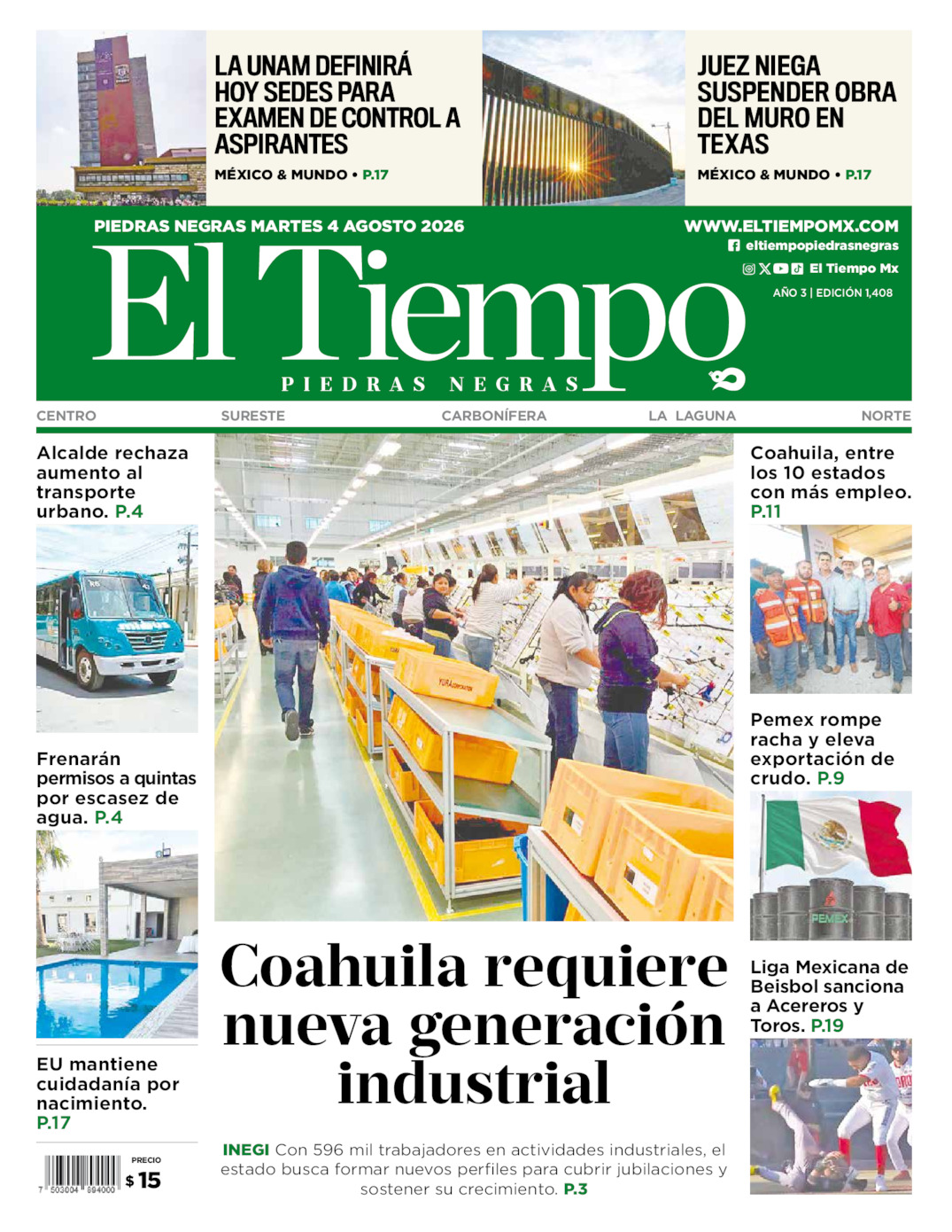 Edición impresa de El Tiempo Piedras Negras