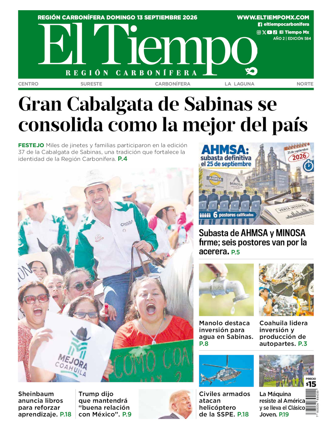 Edición impresa: Portada del domingo 13 de septiembre de 2026, El Tiempo región <strong>Carbonífera</strong>