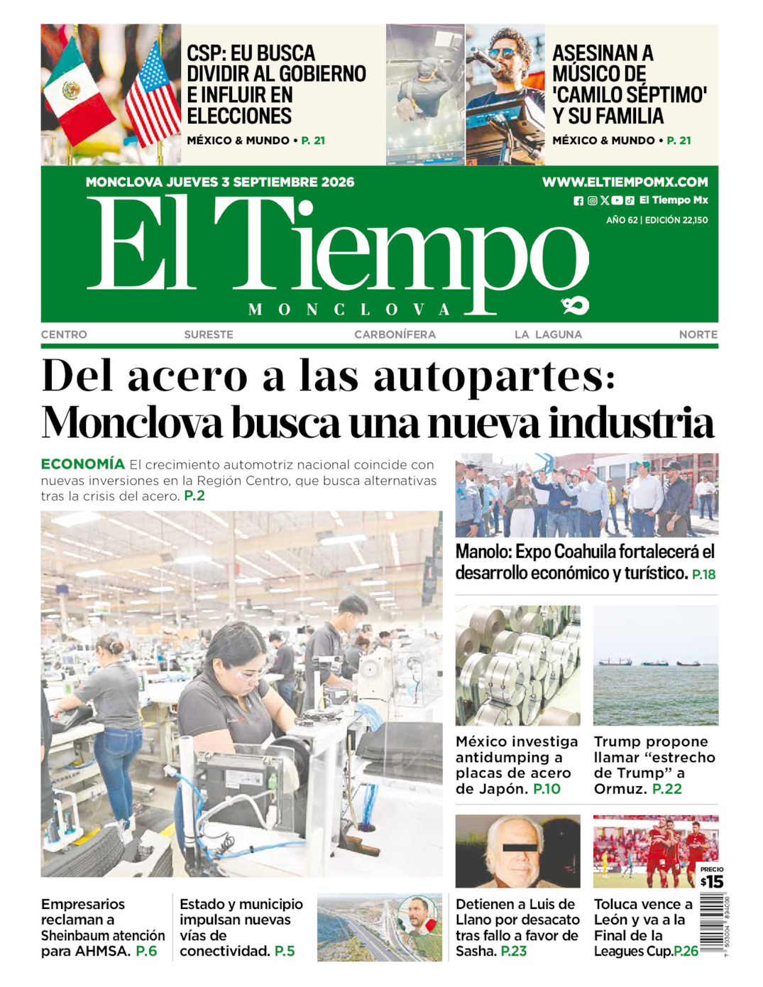 Portada del jue  3 de septiembre de 2026