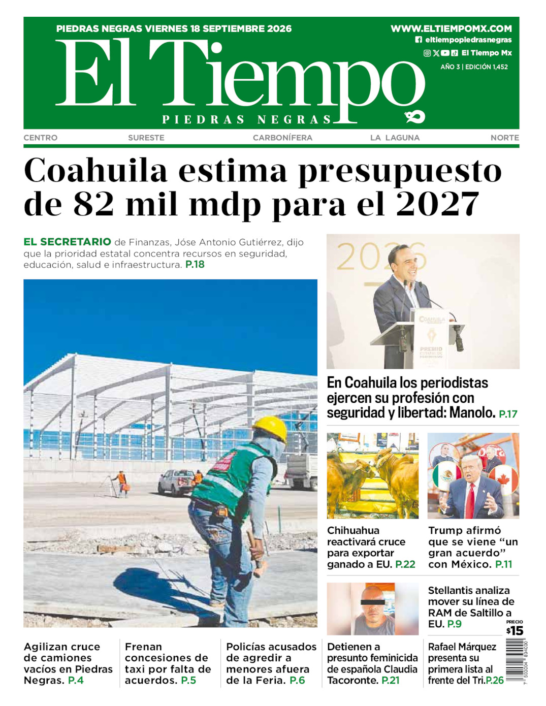 Edición impresa de El Tiempo Piedras Negras