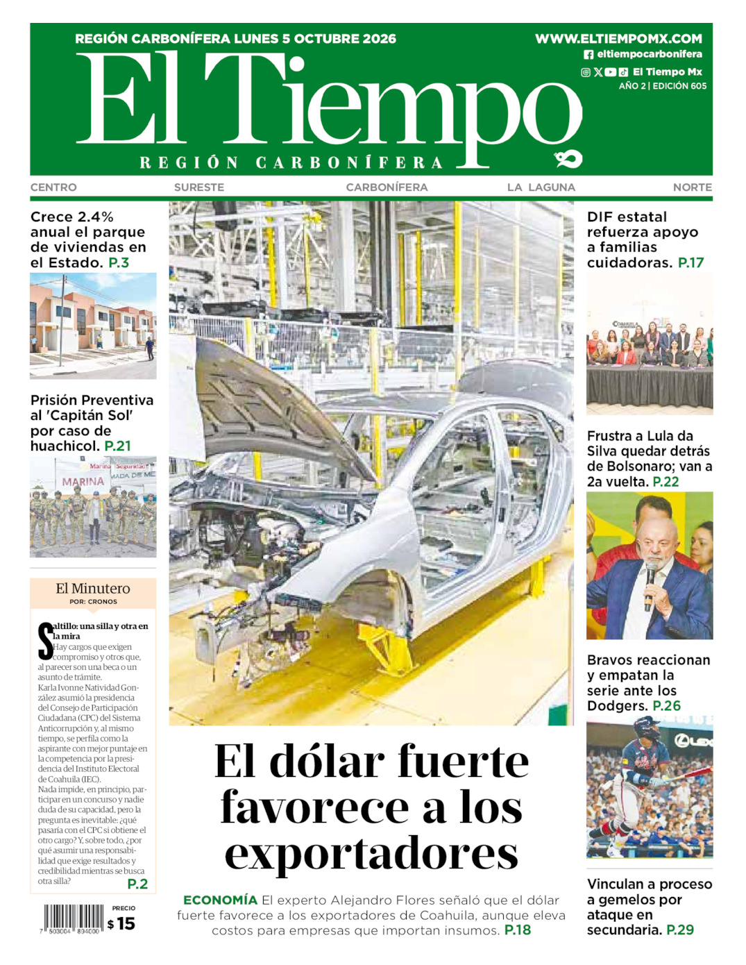 Edición impresa: Portada del lunes 05 de octubre de 2026, El Tiempo región <strong>Carbonífera</strong>