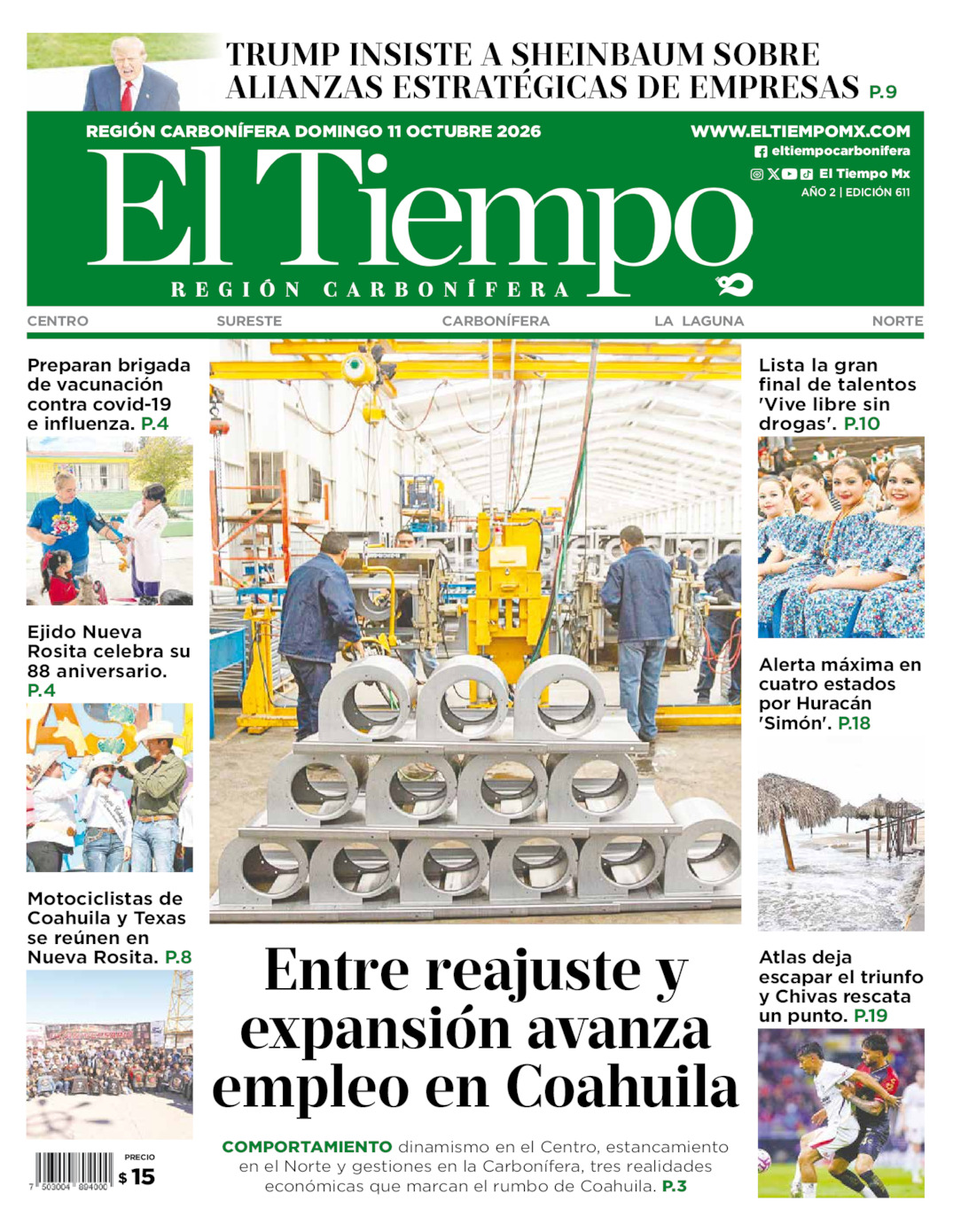 Edición impresa: Portada del domingo 11 de octubre de 2026, El Tiempo región <strong>Carbonífera</strong>