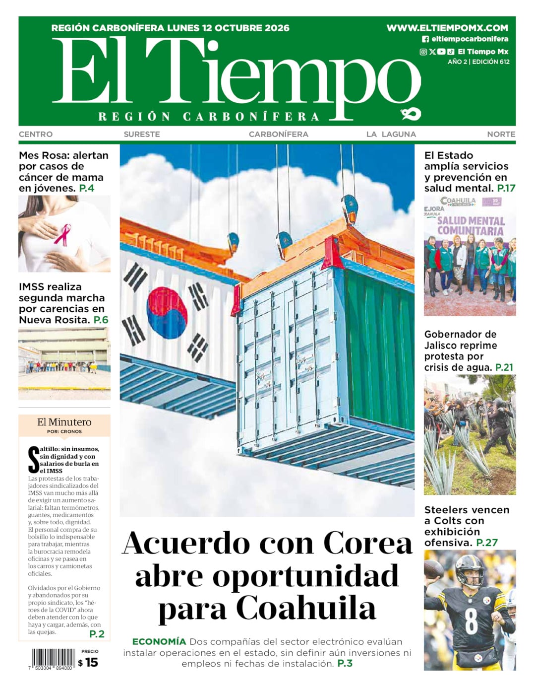 Edición impresa: Portada del lunes 12 de octubre de 2026, El Tiempo región <strong>Carbonífera</strong>