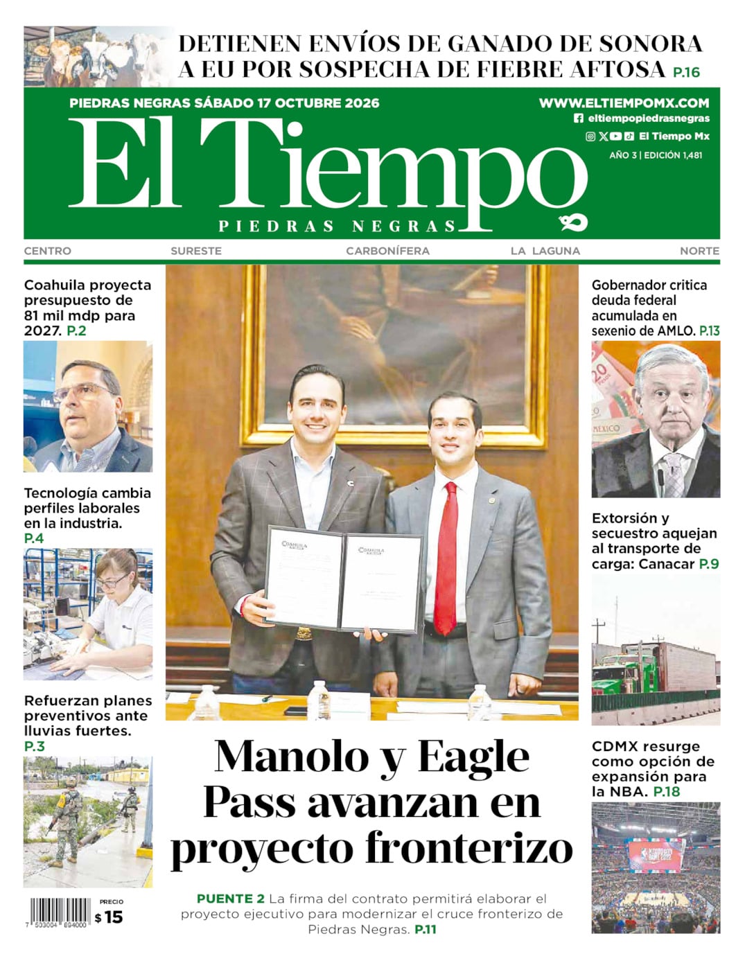 Edición impresa de El Tiempo Piedras Negras