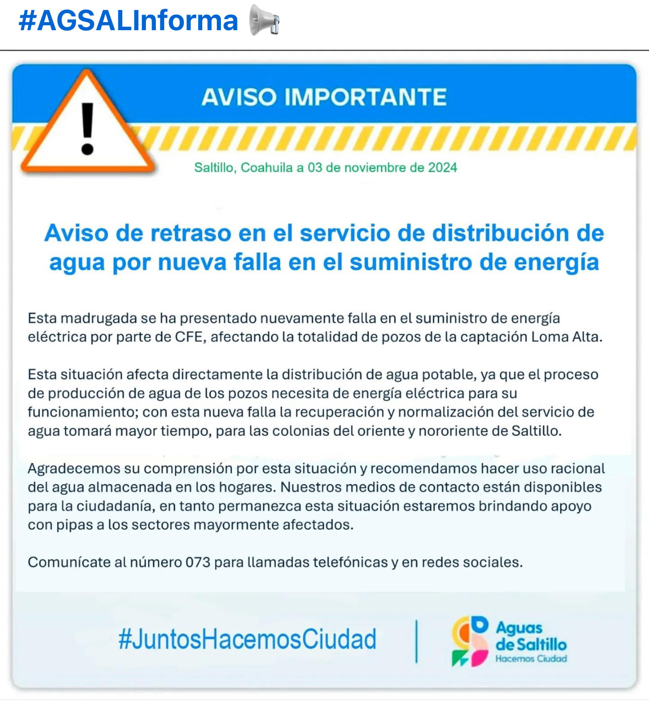 CFE: AgSal reporta retrasos en el suministro de agua potable