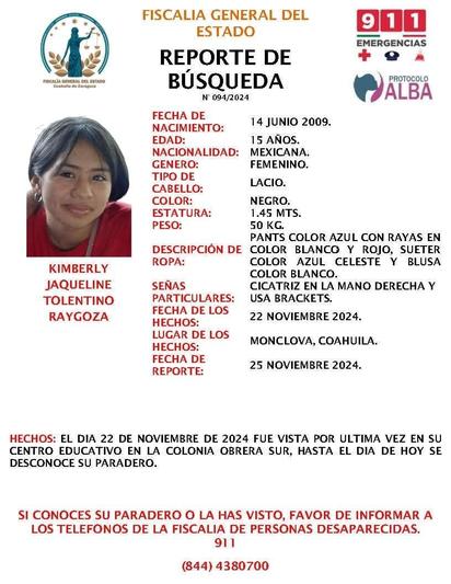 Kimberly de 15 años de edad desaparece en Monclova 