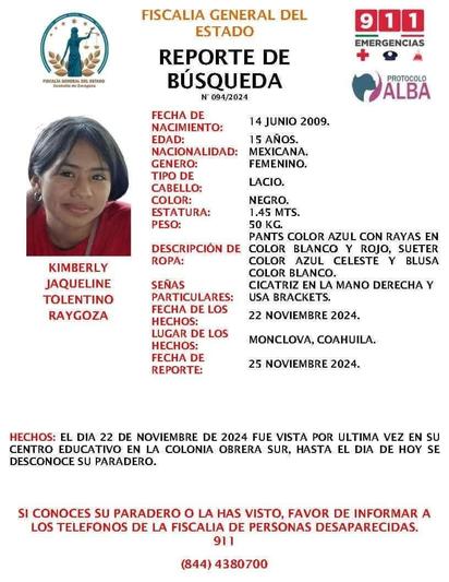 Lanzan Protocolo Alba para localizar a menor desaparecida en Monclova