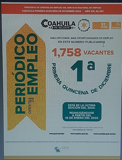 Coahuila oferta 1,758 vacantes en diciembre