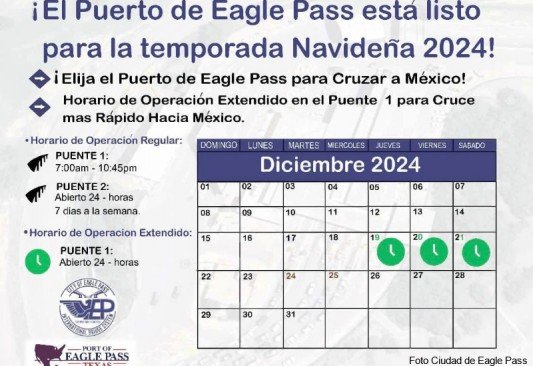 Puente Uno: El anuncio precisa que las 24 horas será solo para automovilistas que crucen hacia Piedras Negras. 